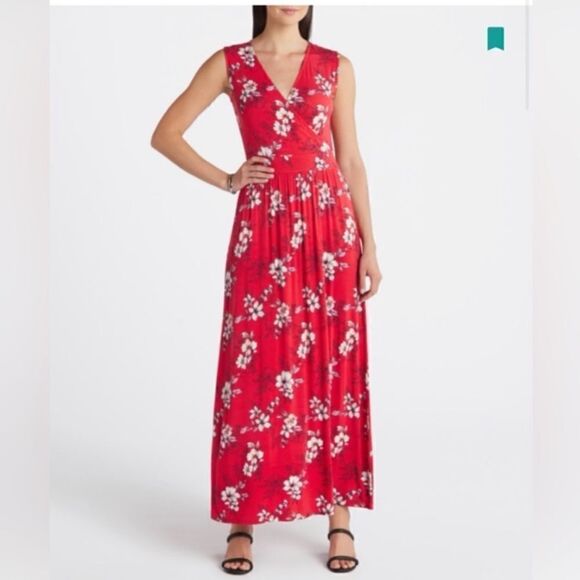 NWT 41 Hawthorn Adelina Red Floral Knit Maxi Dress V-Neck Size Large - Picture 1 of 15